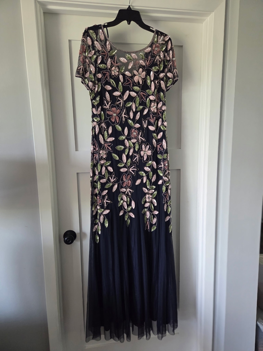Adrianna Papell Black Maxi Dress with Pink Floral & Green Leaf Beading